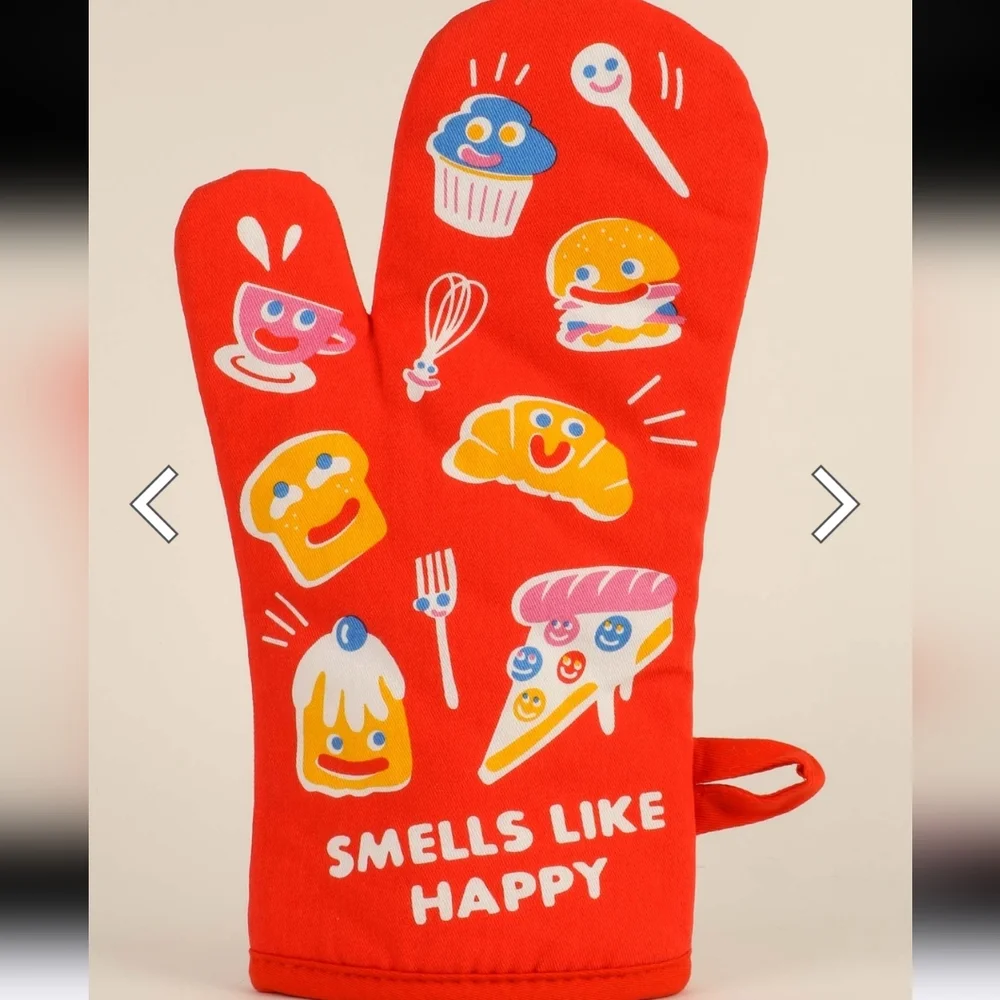 Blue Q Smells Like Happy Red Oven Mitt with Fun Food Graphics